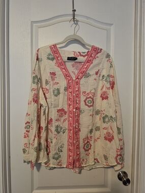 Lane Bryant Cream Tunic with Pink & Green Floral Print
